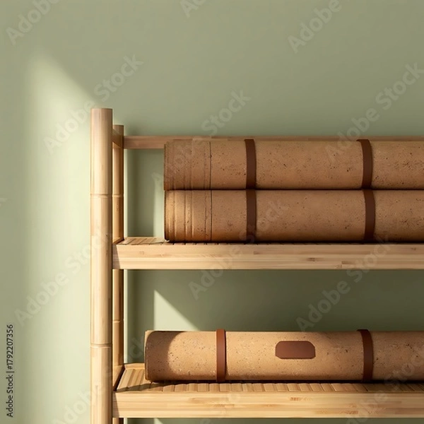 Fototapeta Rolled yoga mats neatly stacked on a wooden shelf