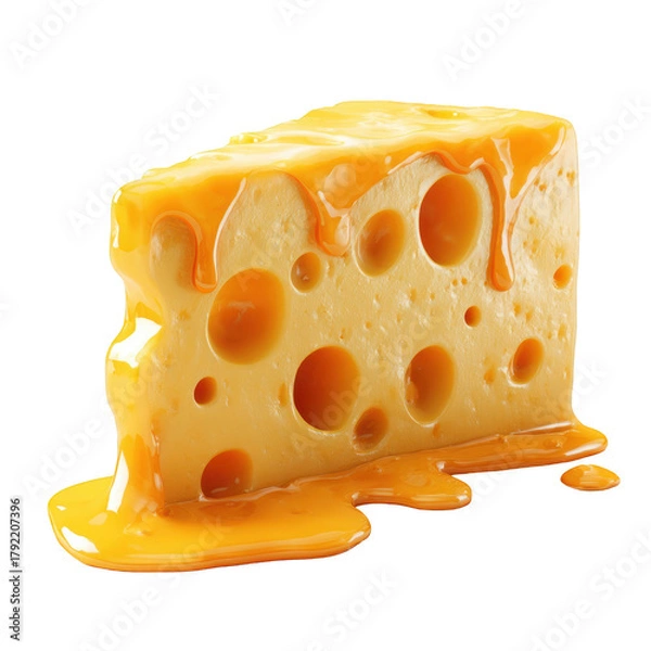 Obraz Delicious slice of Swiss cheese generously covered in melted golden cheese sauce, isolated on a transparent background