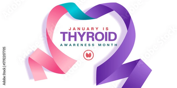 Obraz January is National Thyroid Awareness Month. Heart shape ribbon and thyroid. Suitable for posters, banners and social media. White background.