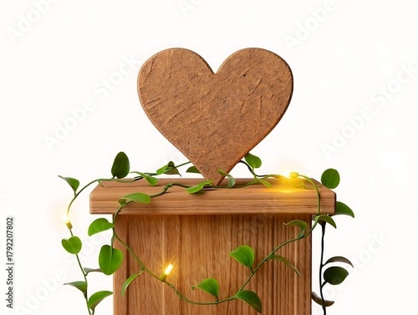 Fototapeta Rustic wooden heart decoration with twinkling lights and greenery