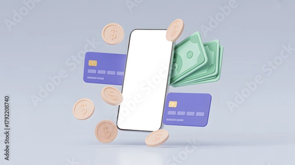 Fototapeta Modern smartphone with floating credit cards cash and coins representing digital payments and financial transactions