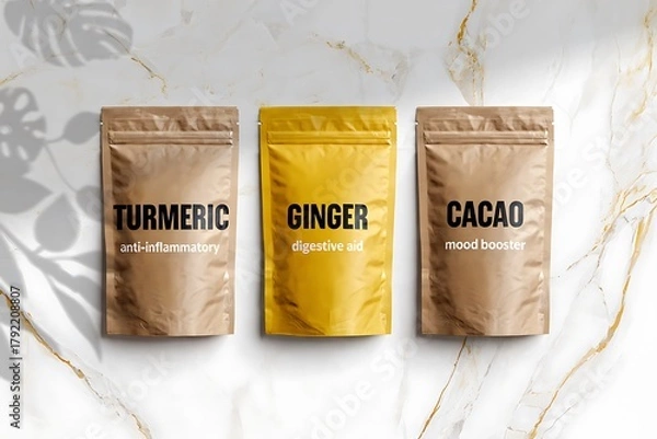 Fototapeta Three pouches of organic turmeric ginger and cacao powder on a white background