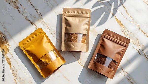 Obraz Three resealable pouches with clear windows filled with dry goods on a marble surface