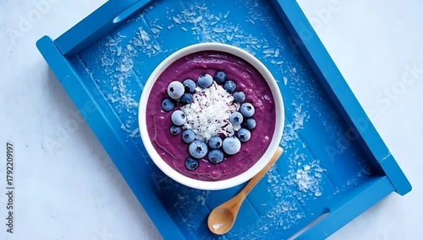 Obraz Vibrant acai bowl topped with blueberries and coconut flakes on blue tray