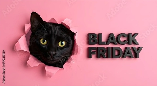 Fototapeta Whimsical Black Friday Sale Promotion with a Cat Emerging from a Pink Hole