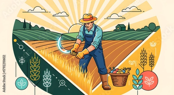 Fototapeta Dedicated farmer diligently harvests golden wheat fields at sunrise, symbolizing abundance and a bountiful harvest with fresh produce.