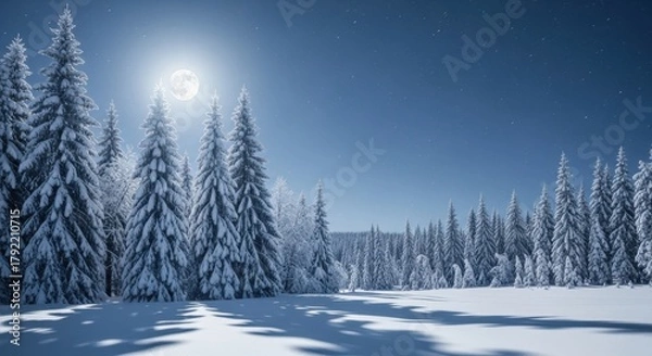 Fototapeta Sunlight snow covered pine forest and open meadow in winter