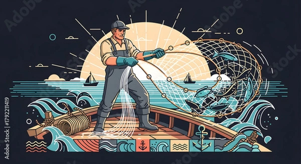 Fototapeta Dedicated fisherman skillfully casts net into choppy ocean waters, hauling in a bounty of fresh fish as the sun sets over sailboats