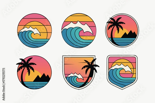 Fototapeta Colorful Retro Surf and Beach Badge Set Vintage Summer Vector with Palm Trees, Waves and Surfboards