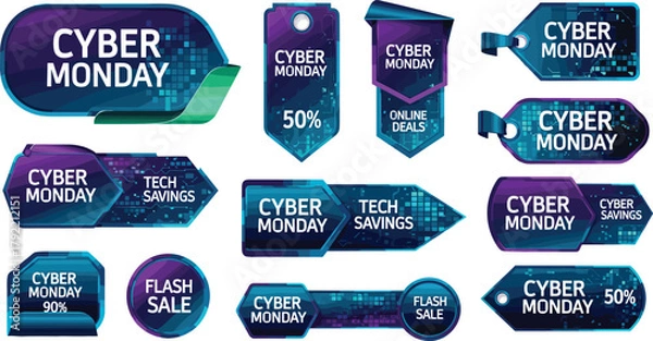 Obraz Cyber Monday sale tag illustration—futuristic promotional labels with neon gradients, circuit patterns, and bold text for online shopping visuals