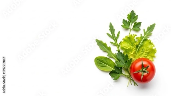Obraz Fresh red tomato with lettuce and mixed greens on white background  