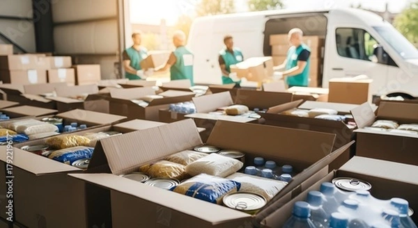 Fototapeta Volunteers sorting food packages for donation with focus on open boxes filled with groceries. Charity and food bank support concept.