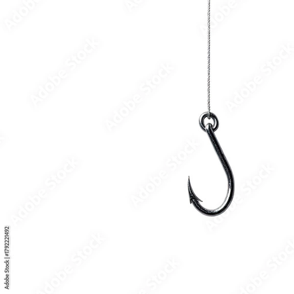 Obraz Polished metal hook hangs on a slender string, dark background