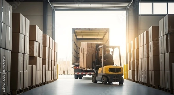 Fototapeta Man forklift operator loading cardboard box from warehouse to truck. Industrial delivery process at logistics center. Distribution and supply chain concept.
