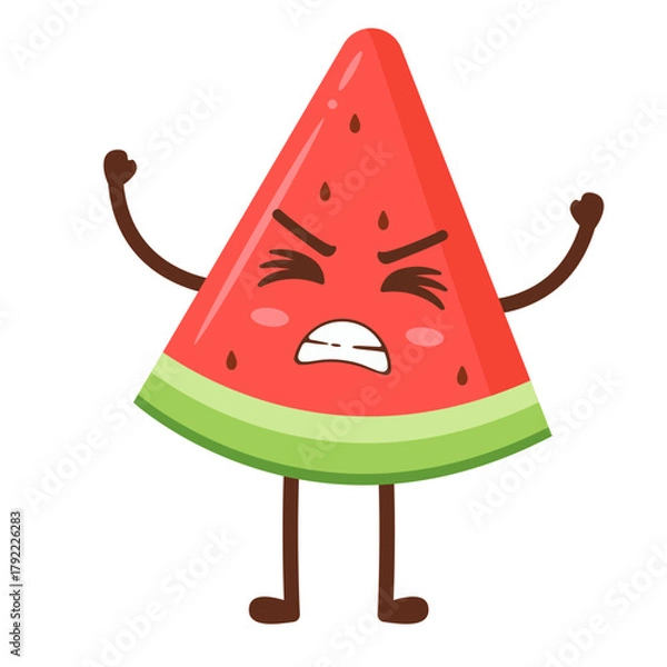 Fototapeta Angry Watermelon Slice Cartoon Character with Fists Up Flat Illustration