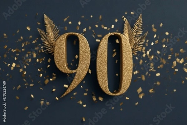 Fototapeta Golden 90th Birthday Celebration with Confetti and Fern Leaves