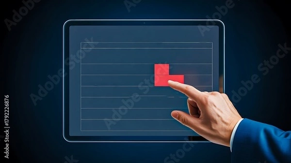 Obraz Business hand touching red bar on digital tablet screen representing data analysis and technology concept  

