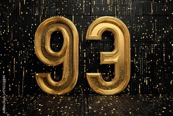 Fototapeta Golden Glittering Number Ninety-Three Set Against Black Background