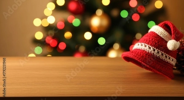 Obraz Cozy Santa hat on wooden table with Christmas bokeh lights