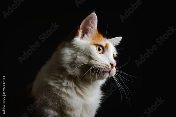 Fototapeta Portrait of cute cat looking curious away, isolated on black background. Hoirizontal image.