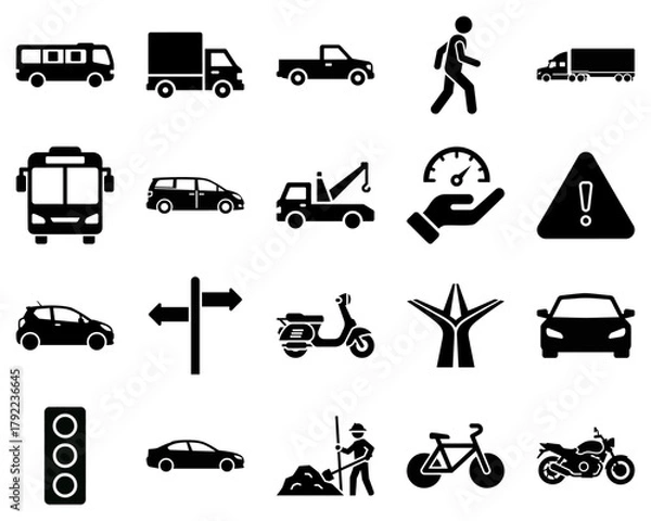 Fototapeta Transport and Road glyph Icons. Traffic, Transportation, and Road Sign Icons Set - Vehicle and Commuting Symbols