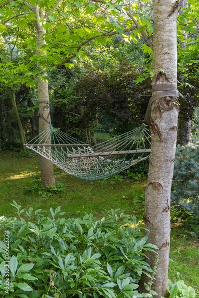Fototapeta Green netted hammock suspended between two trees in lush garden, surrounded by greenery and dappled sunlight.