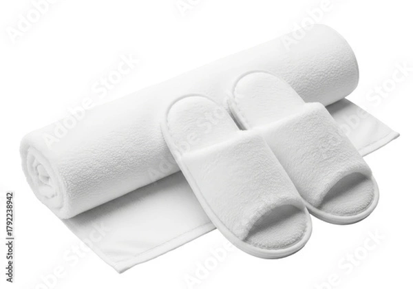 Fototapeta White slippers and rolled towel