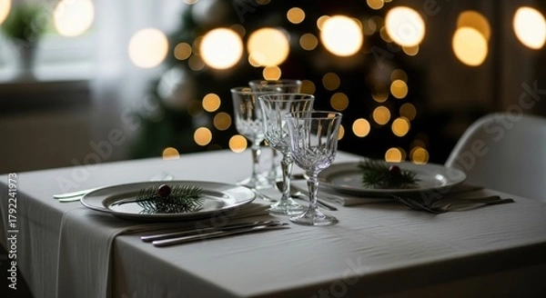 Fototapeta Elegant holiday dinner table setting with festive bokeh lights
