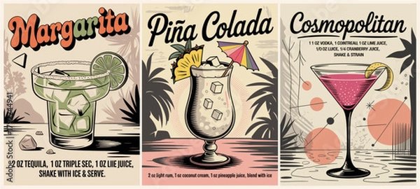 Fototapeta Vintage-style cocktail menu vector featuring Margarita, Piña Colada, and Cosmopolitan in a triptych layout with classic recipes, colorful backgrounds, and retro palm-frond accents