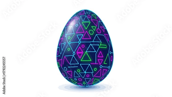Fototapeta A digital egg with neon geometric patterns on a white background