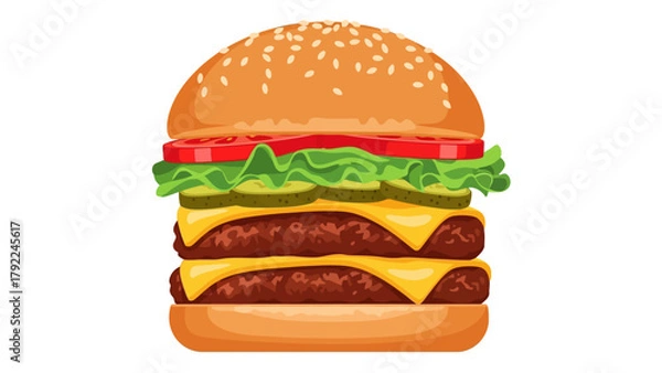 Fototapeta A double cheeseburger with sesame seed bun