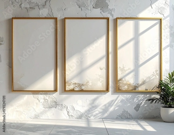 Obraz Three grey wooden rectangular vertical frames hanging on a white textured wall mockup