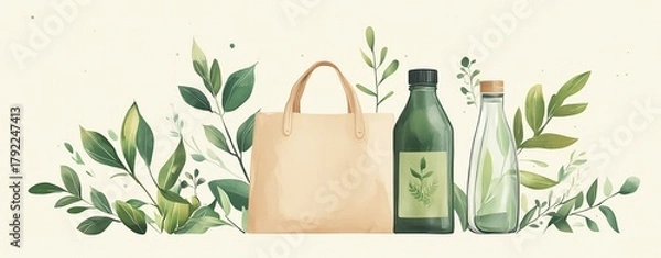 Fototapeta eco-friendly lifestyle illustration showing reusable tote, glass bottle, and green leaves, soft neutral tones