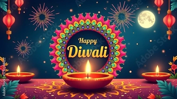 Fototapeta Celebrate Happy Diwali with glowing candles, lanterns, and vibrant colors of the festival night