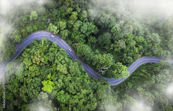 Fototapeta Aerial view of a winding road curving through lush green tropical forest with misty atmosphere. Scenic mountain highway surrounded by dense jungle and natural landscape.