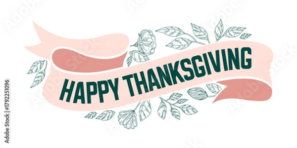Obraz Happy thanksgiving day banner ribbon. Harvest festival retro congratulations isolated vector item white background. Autumn season.  Vector illustration
