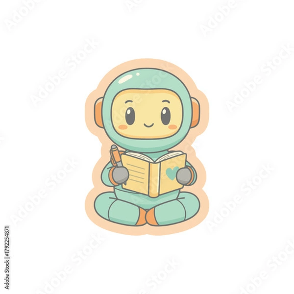 Obraz Cute Cartoon Robot Reading a Book While Sitting Cross-Legged.