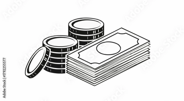 Fototapeta Monochrome hand drawn icon of cash money and coin stacks.