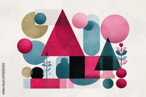 Obraz Colorful abstract artwork with geometric shapes like triangles, circles, and rectangles in pink, blue, and green.