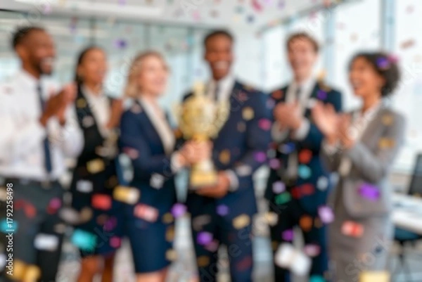 Fototapeta Blurred photo Portrait of happy smiling employees holding awards for success in business, standing in the office with their teammates applauding the company's best employee award.