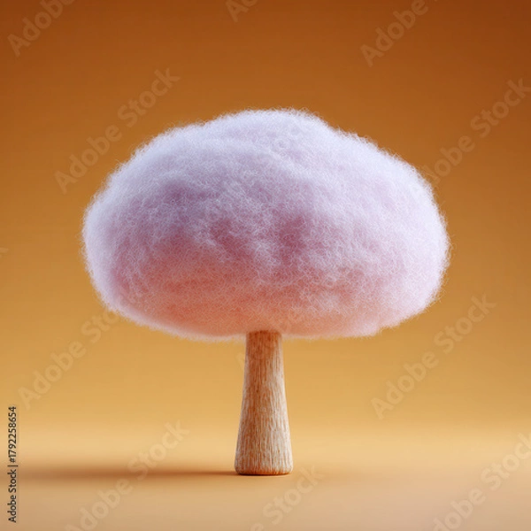 Fototapeta Pink cotton candy shaped like tree with wooden stick trunk, isolated on warm orange background, whimsical and playful food art concept