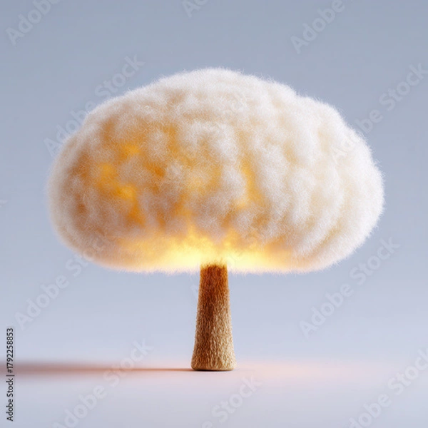Fototapeta Fluffy cloud shaped lamp with soft warm light, minimalistic design, cozy atmosphere, modern home decor, creative lighting, unique table lamp, whimsical style