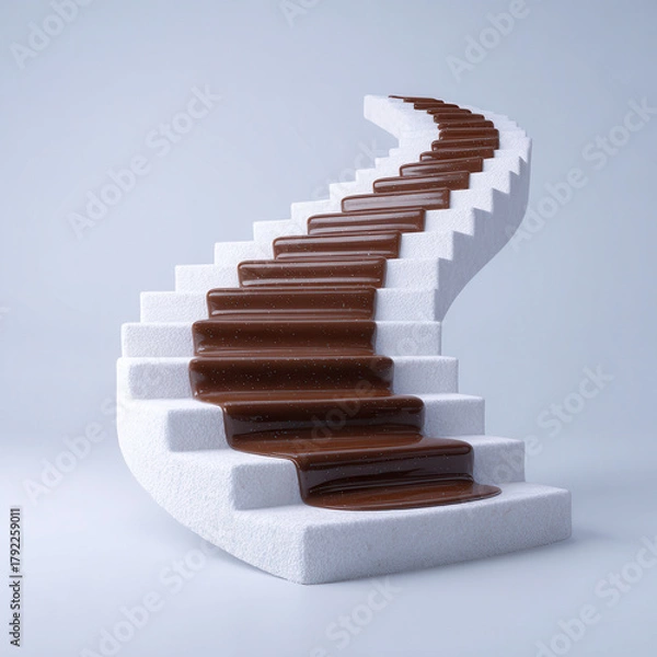 Fototapeta Curved white staircase with smooth chocolate flowing down steps, creating surreal and whimsical scene, blending architecture and dessert in creative, imaginative concept