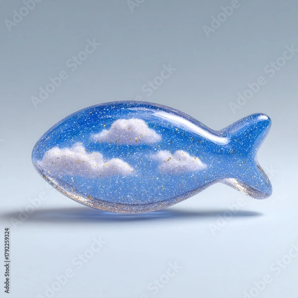 Fototapeta Glass fish sculpture with blue sky and white cloud pattern, sparkling details, and smooth surface, evokes dreamy and whimsical feeling, perfect for modern home decor