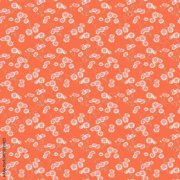 Obraz Seamless vector floral pattern with delicate white chamomile flowers on a bright coral background. Fresh botanical design for fabric, packaging, and summer decor