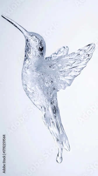 Fototapeta Ice hummingbird frozen sculpture delicate transparent bird detailed wings clear texture isolated on white cold winter creative art elegant design
