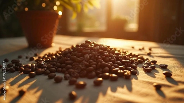 Obraz Coffee beans on linen tablecloth. 