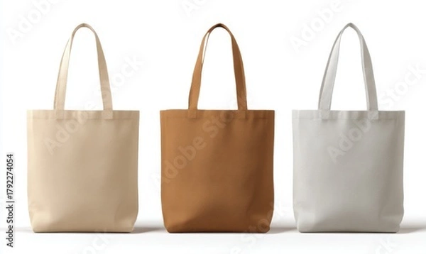Fototapeta Three eco cloth tote bags in beige, brown, and gray, each with handles, stand side by side on a white background.