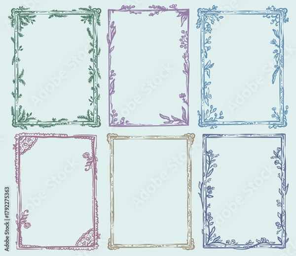 Fototapeta Beautiful Set of rustic, boho hand drawn vector frames, whimsical style
