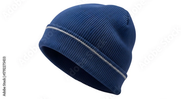 Fototapeta Blue beanie hat with reflective stripe isolated on transparent background